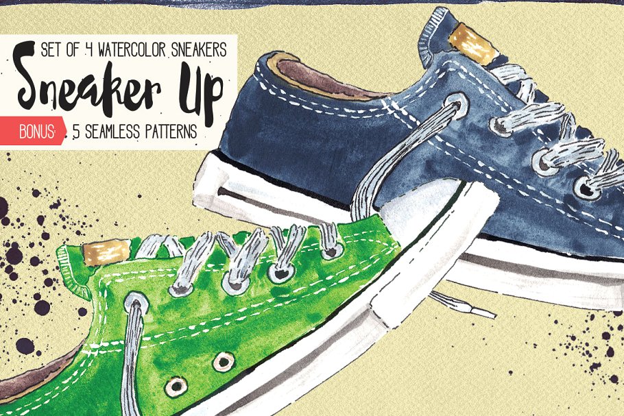 明亮的手绘水彩板鞋插画 Watercolor Sneakers + Bonus插图