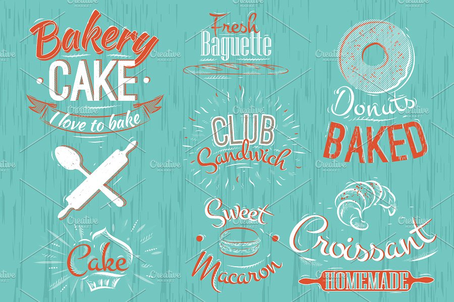 复古手绘面包店烘焙符号设计插画 Bakery characters retro插图(4)