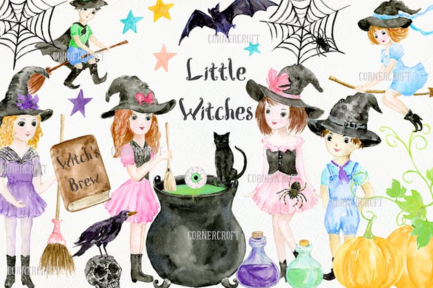 小女巫水彩元素设计套装 Little Witches Design Kit Watercolor插图(1)