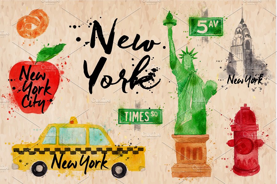 美国纽约特征标志插画 New York Symbols插图1