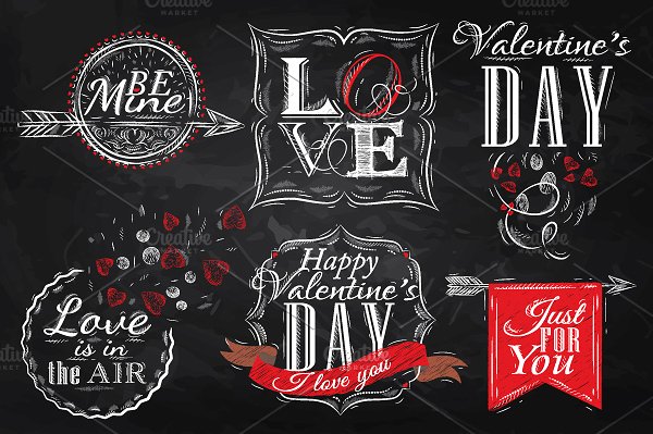 浪漫手绘情人节专题粉笔插画合集 Set Valentine’s Day插图