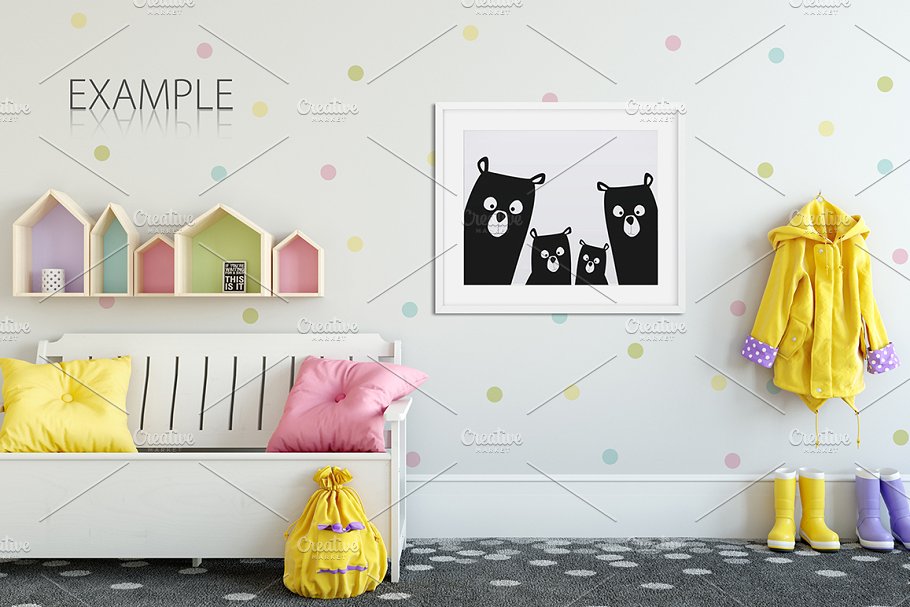儿童主题卧室墙纸设计&相框样机 Interior KIDS WALL & FRAMES Mockup 2插图23