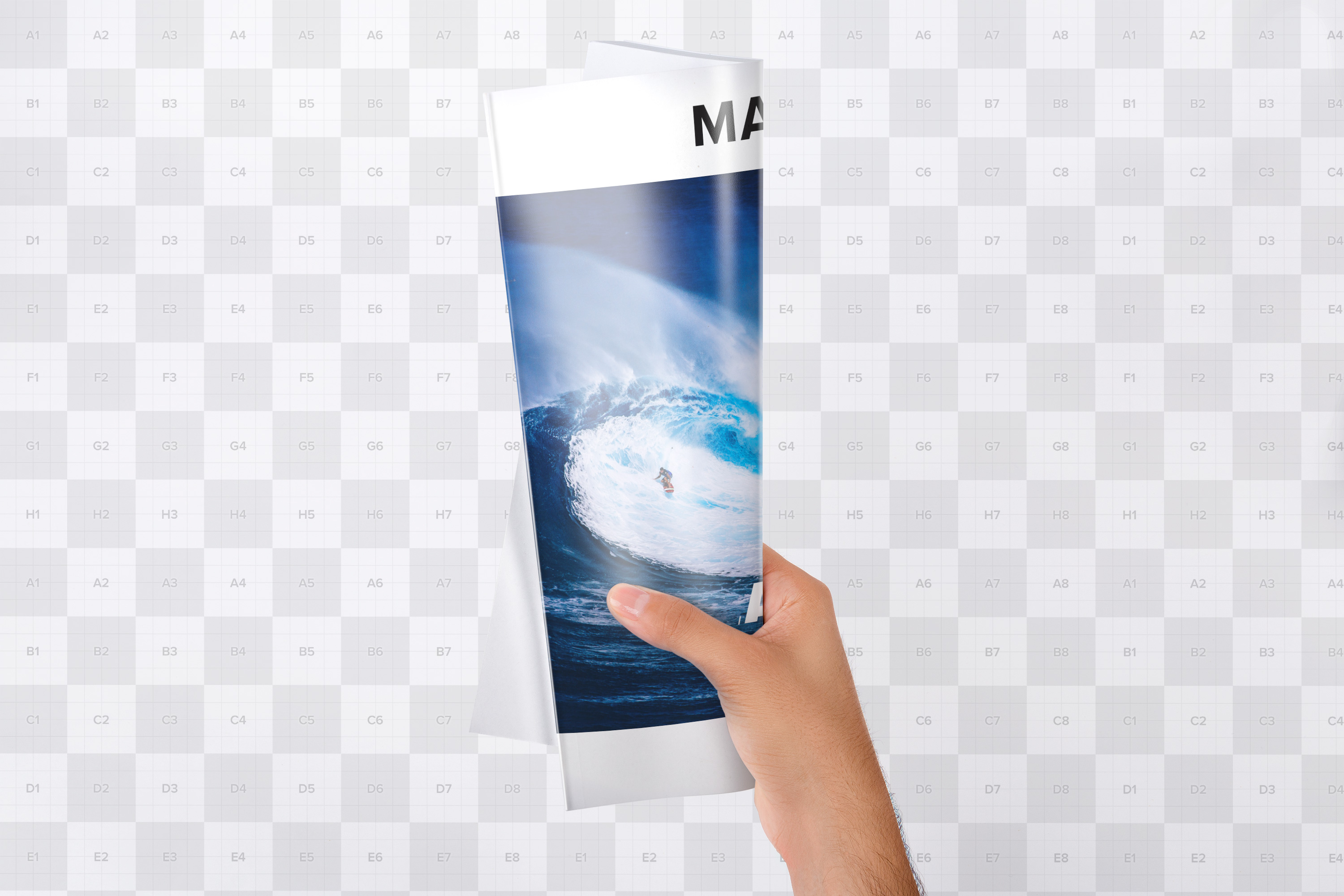 手持A4大小规格杂志封面设计样机 Holding A4 Magazine Rolled Mockup插图1