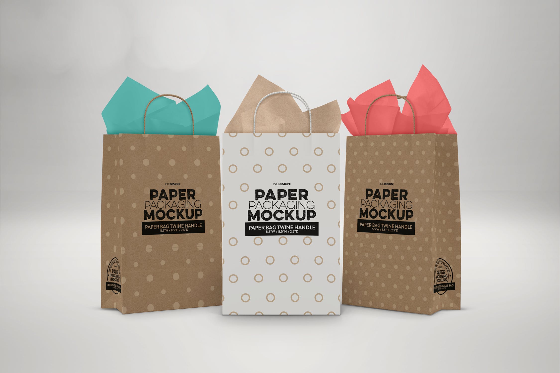 购物纸袋设计图片预览样机模板 Paper Bags Twine Handles Packaging Mockup插图(1)