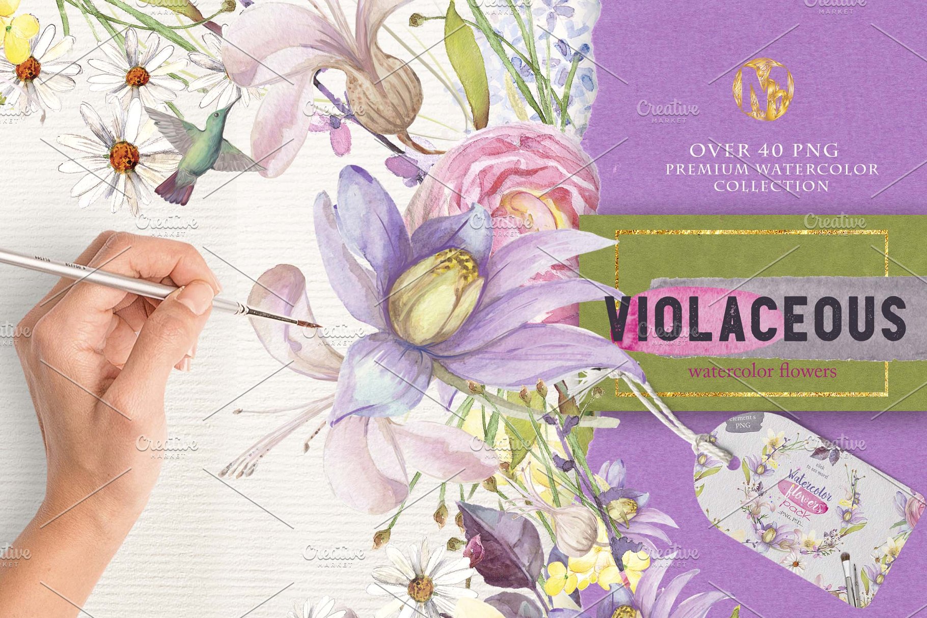 紫罗兰色水彩花卉插画素材 Violaceous watercolors插图