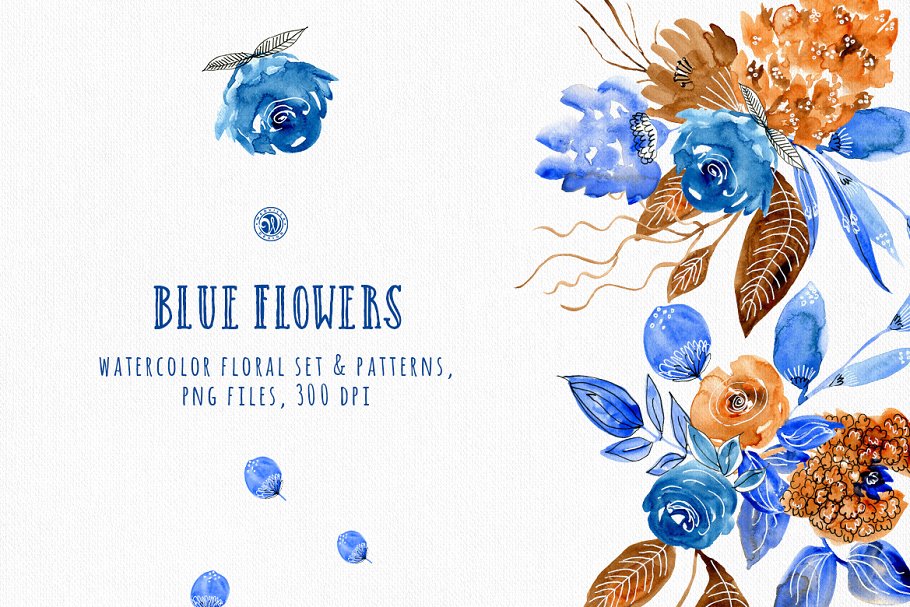 蓝色手绘水彩花卉插画合集 Blue Flowers插图