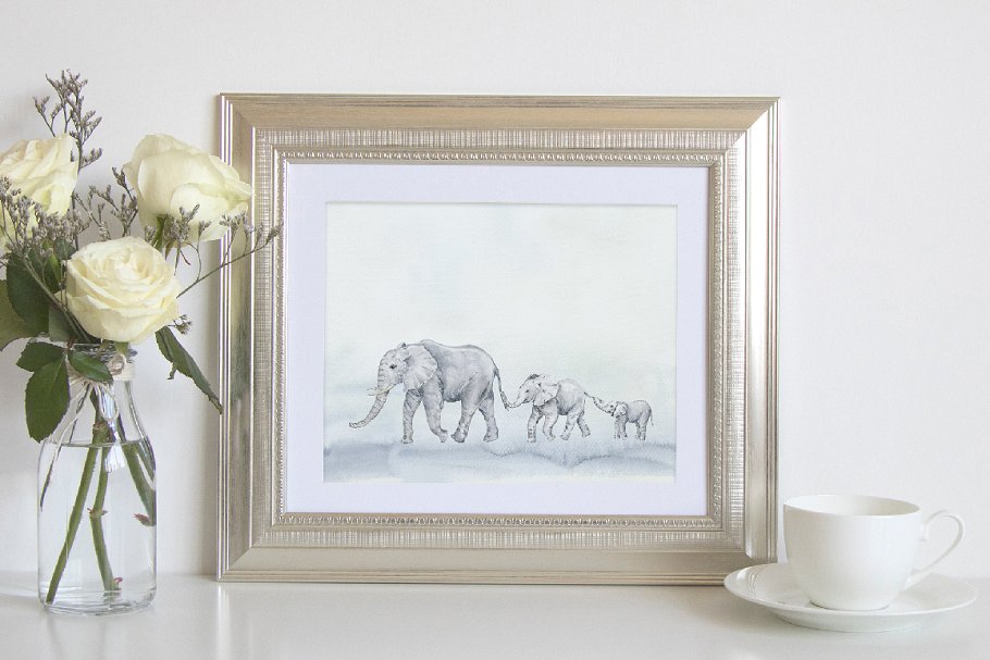 手绘灰白色大象插图 Watercolor Herd of Elephants插图7