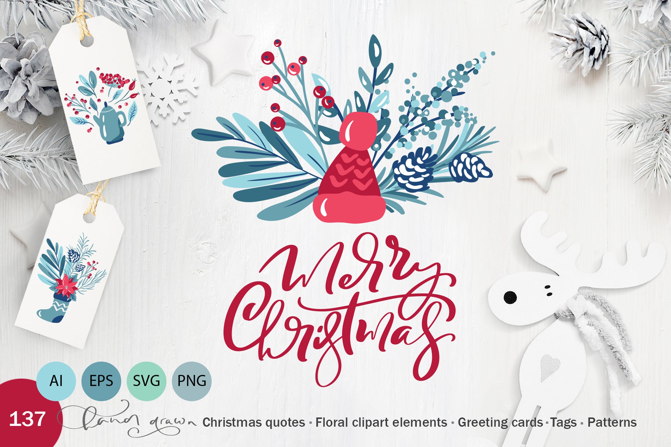 圣诞节主题元素水彩手绘设计素材 Christmas floral holiday elements插图