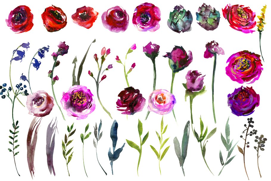 鲜艳的紫色水彩花卉剪贴画 Bright Purple Watercolor Flowers插图3