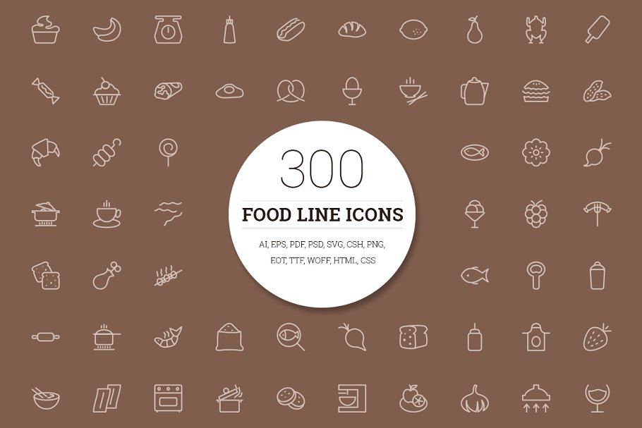 300枚食物主题线条图标 300 Food Line Icons插图