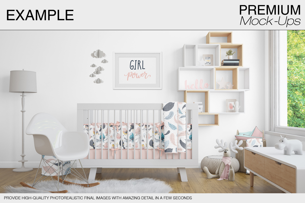 高品质的婴儿床 & 90个相框展示样机下载 Nursery Crib Wall & 90 Frames [psd]插图(5)
