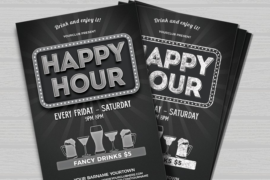 酒吧清吧冷饮店活动海报PSD模板 Happy Hour Flyer插图(2)