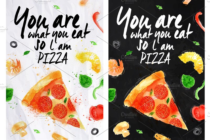 手工绘制的水彩污渍披萨插图合集 Pizza watercolor set插图(2)