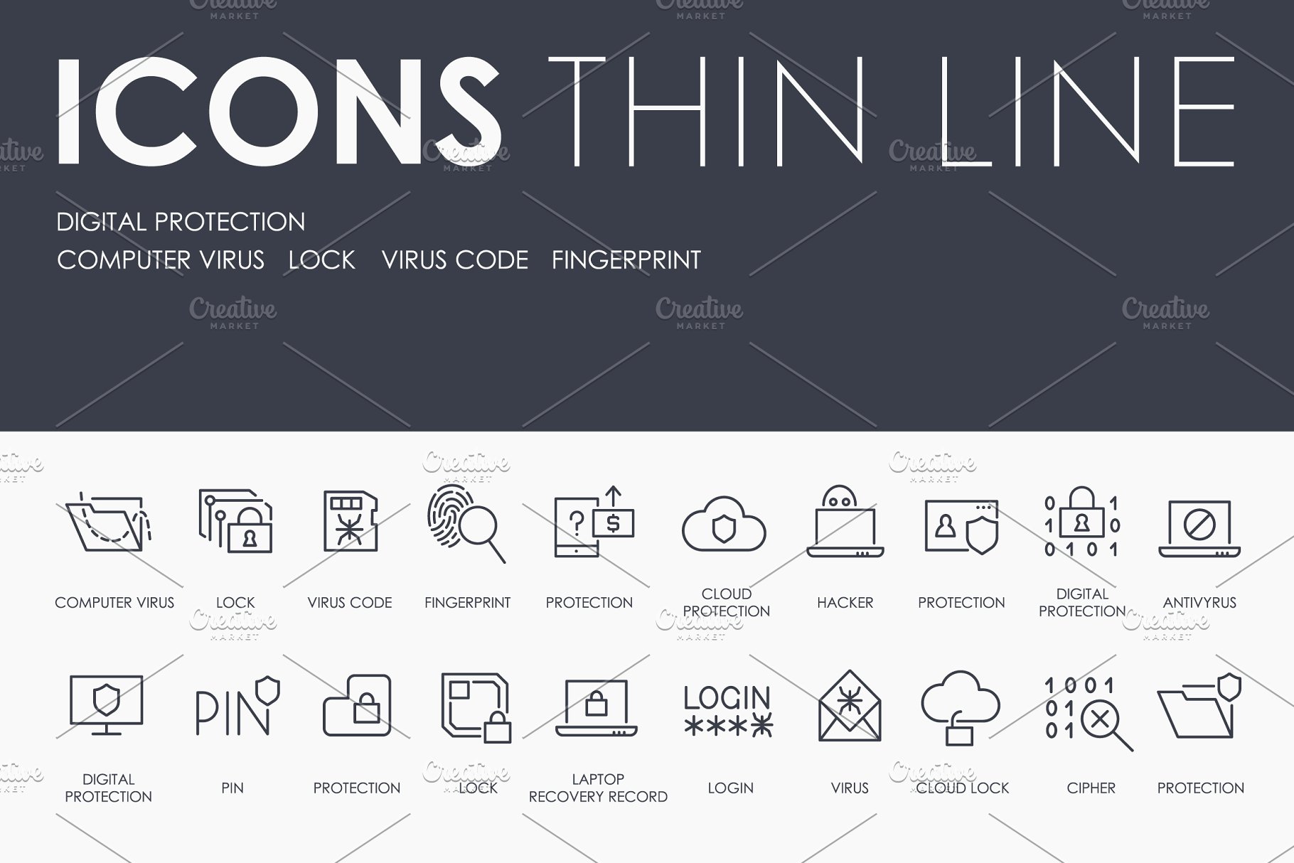 数字信息安全细线图标 Digital protection thinline icons插图