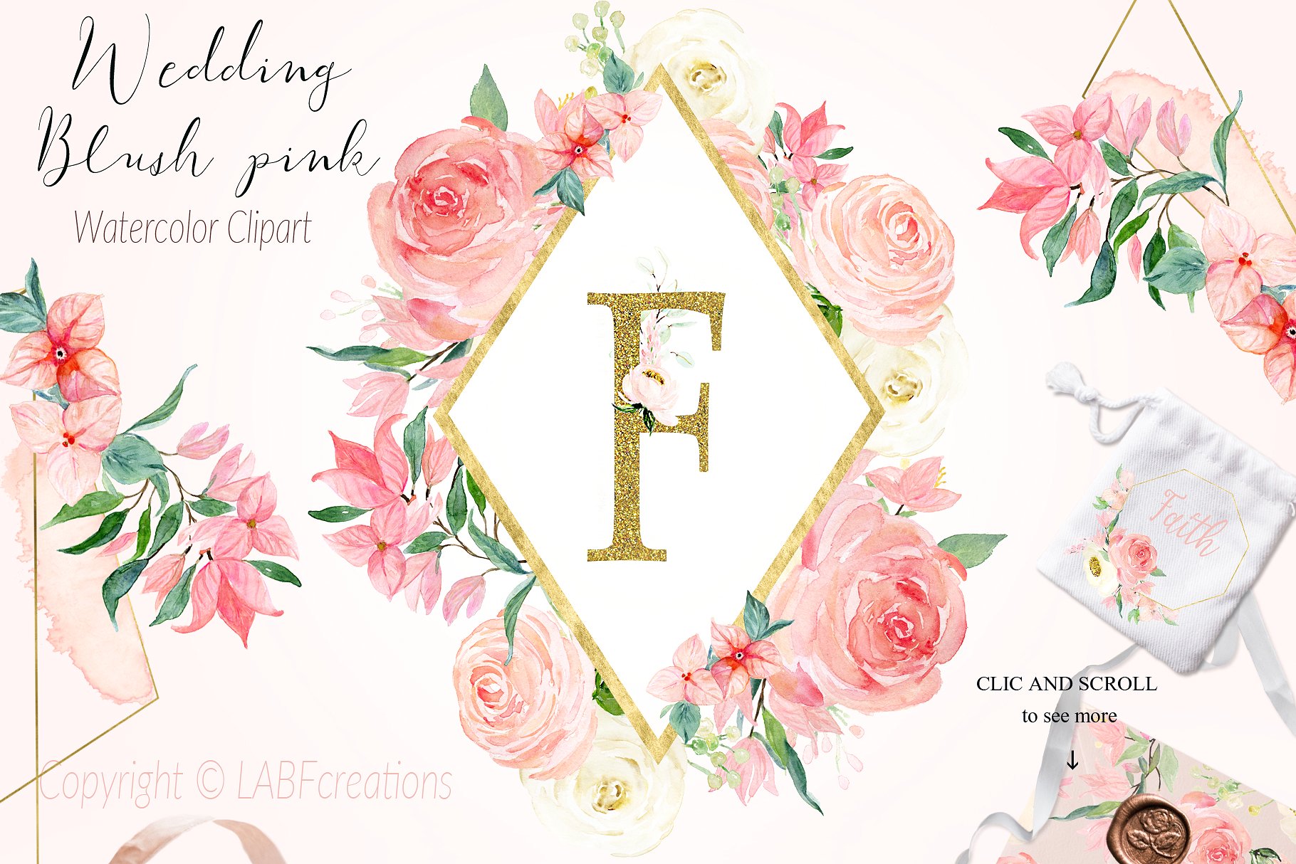 胭脂红水彩花卉元素，花环，花式字母… Blush pink bougainvillea插图7