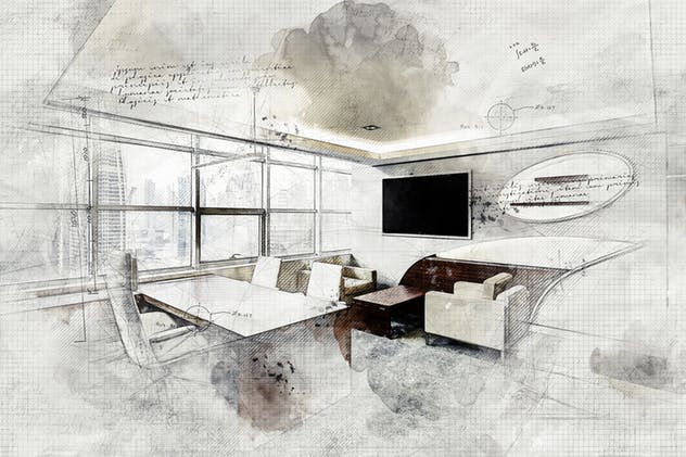 建筑素描效果一键生成PS动作 Architecture Sketch and Blueprint Photoshop Action插图(15)