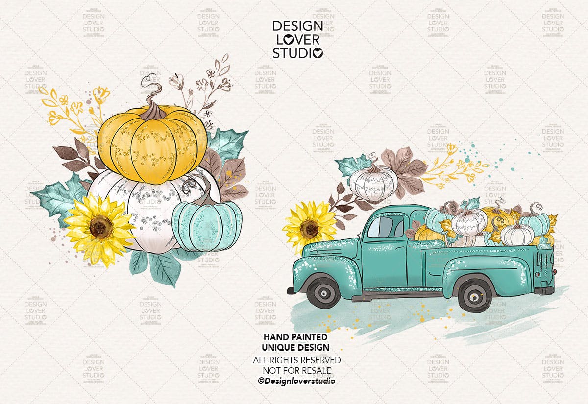 感恩节主题风格南瓜卡车手绘图案背景素材 Thanksgiving car design插图(2)