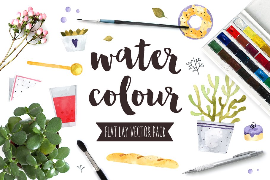 扁平风水彩矢量图形合集 Watercolor Flat Lay Vector Pack插图