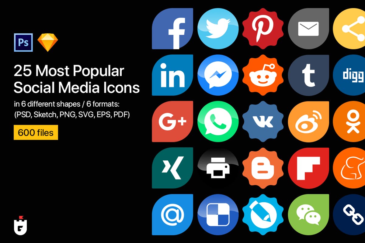 25枚主流社交媒体图标[6种设计风格] 25 Most Popular Social Media Icons in 6 shapes插图