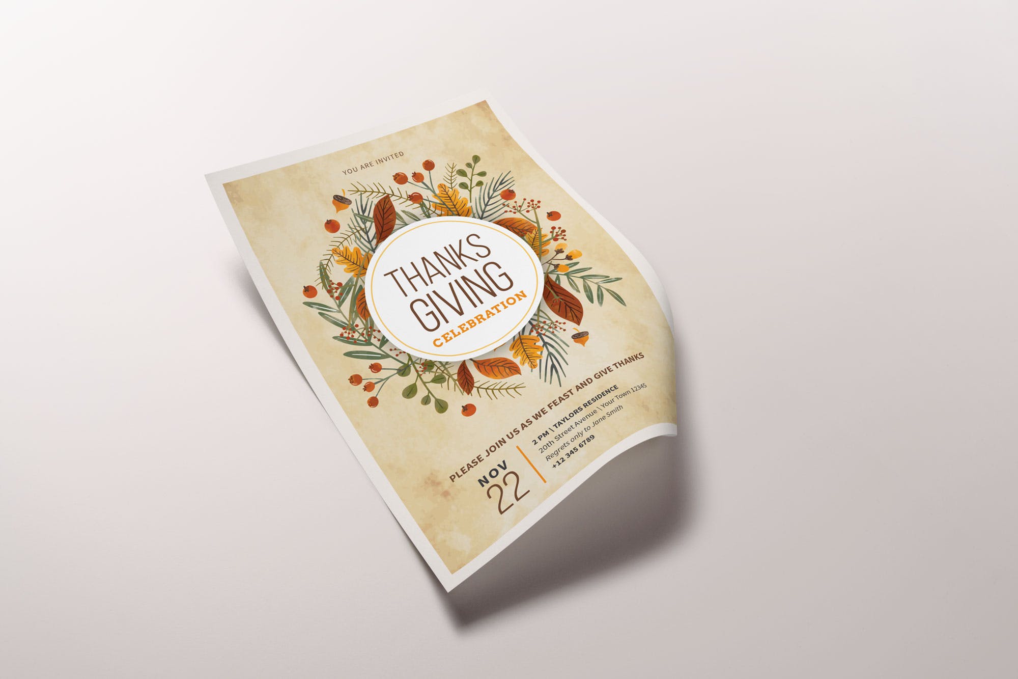 手绘花卉装饰设计风格感恩节主题海报传单模板 Thanksgiving Flyers 2018插图(1)