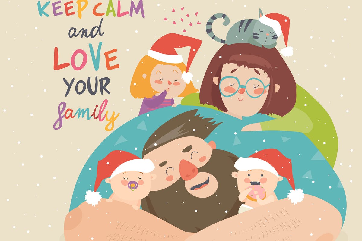 可爱的圣诞主题家庭矢量插画 Portrait of cute Christmas family. Vector插图