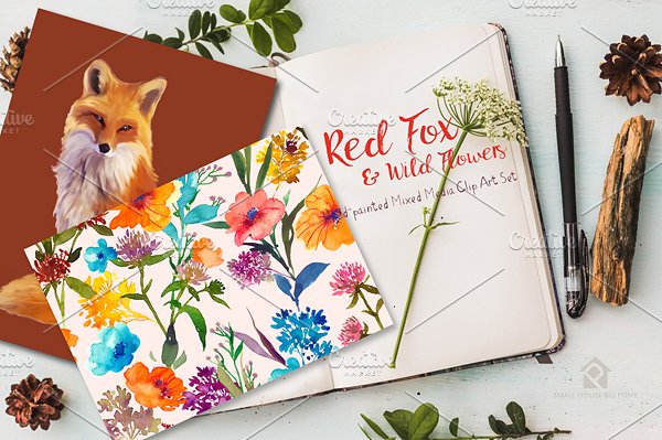 红狐与野花水彩剪贴画 Red Fox and Wild Flowers插图(1)
