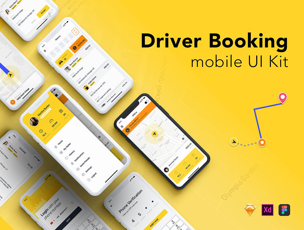 类Uber打车软件网约车APP应用UI设计套件SKETCH模板 Taxi Driver Booking UI Kit for SKETCH插图(1)
