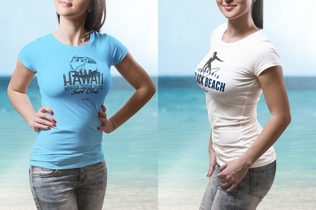 圆领T恤性感模特上身效果样机模板 Crew Neck T-shirt Mock-up Female Version插图(1)