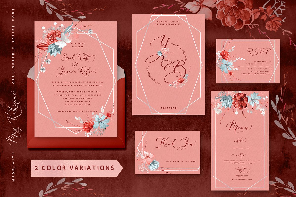 珊瑚花卉婚礼图案&字体套装插图(2)