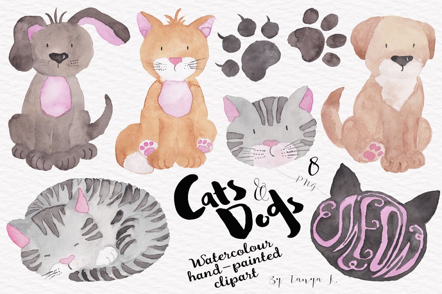 猫＆狗水彩艺术卡通化剪贴画 Cats and Dogs Watercolour Clipart插图