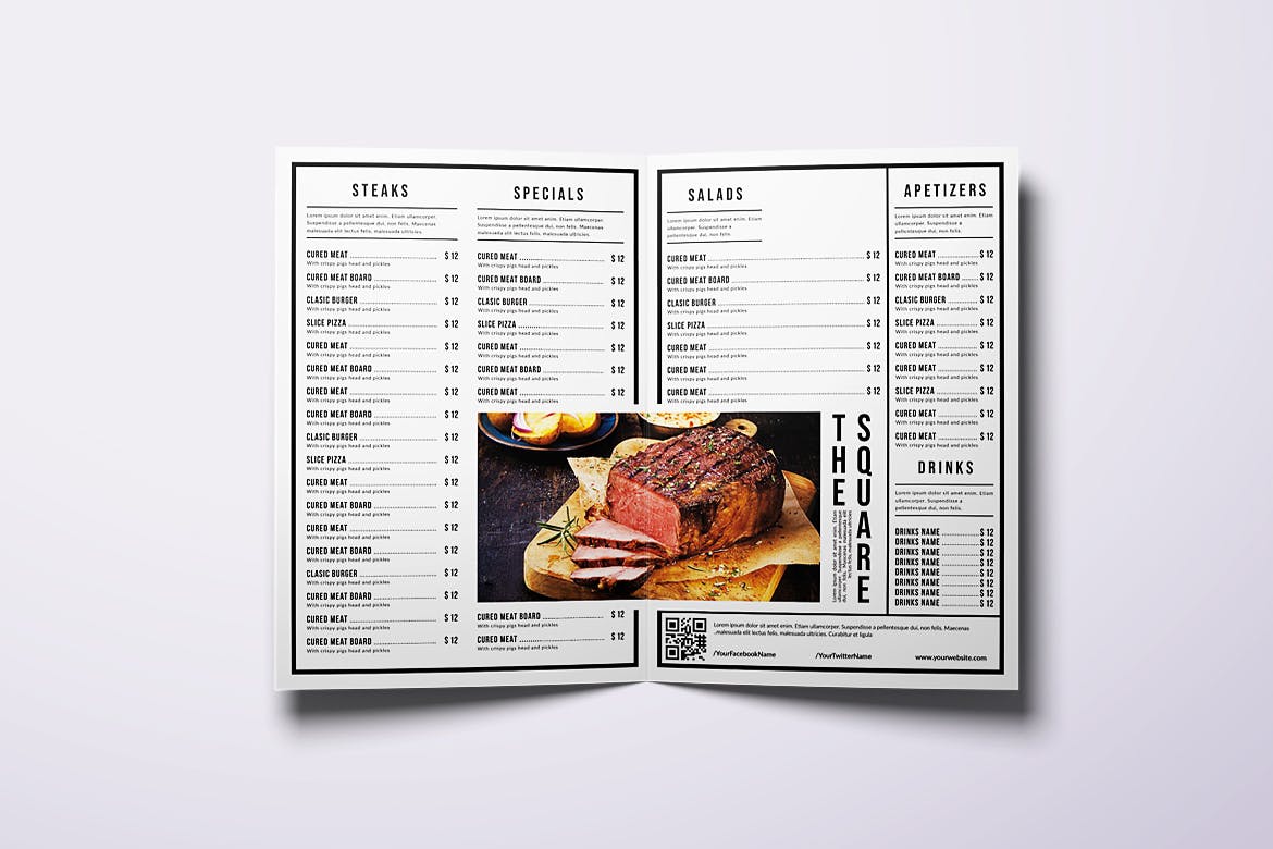 经典极简双折A4&美国信纸大小美食菜单模板 Classic Minimal Bifold A4 & US Letter Food Menu插图(2)