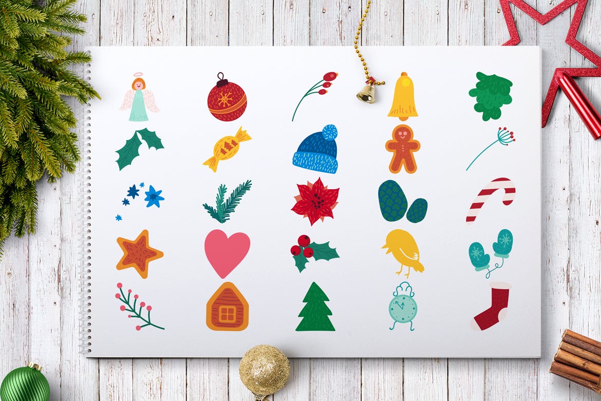 圣诞节&冬季主题贴纸图案矢量设计素材包 Christmas And Winter Stickers Set插图2