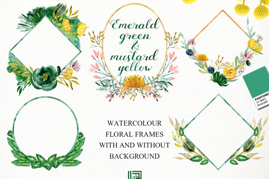 绿黄水彩花卉花环剪贴画 Green and yellow watercolor floral插图