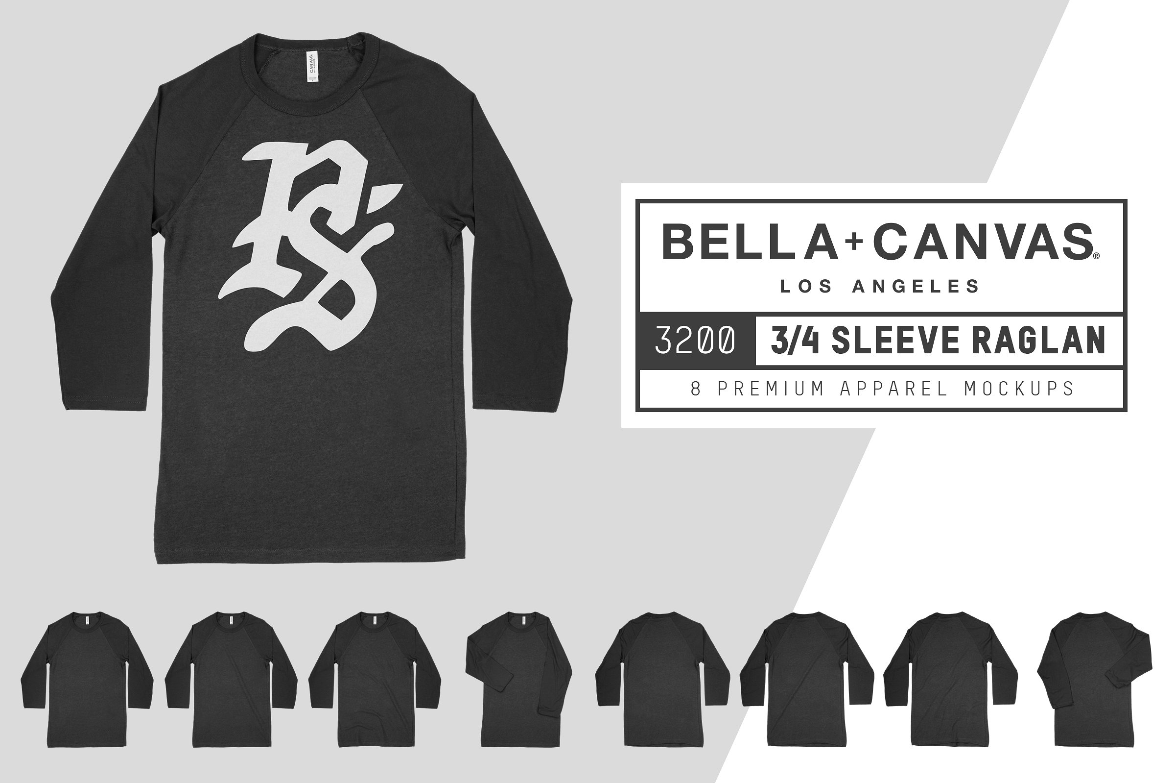 3/4袖男士篮球T恤服装样机 Bella Canvas 3200 3/4 Baseball Tee插图