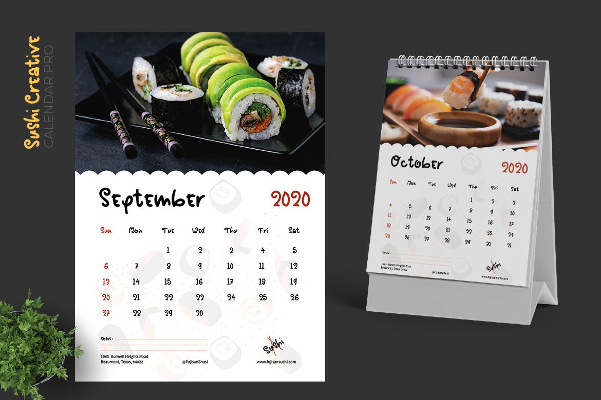 寿司日式料理店定制设计2020年日历表设计模板 2020 Sushi Asian Resto Creative Calendar Pro插图5