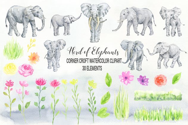大象群水彩剪贴画合集 Watercolor herd of elephants插图(1)