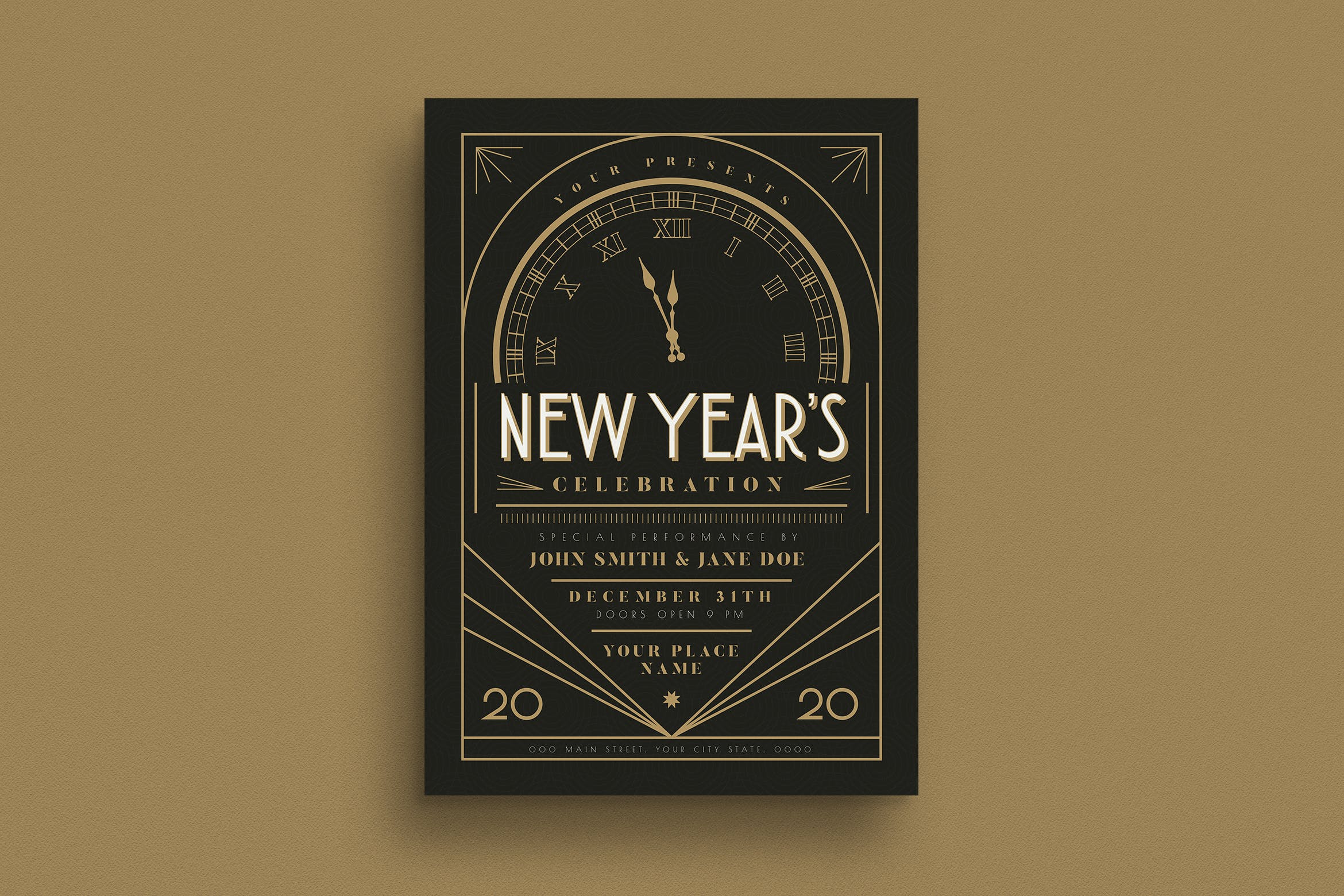 复古艺术风格新年倒计时活动海报传单模板 Art Deco New Year Event Flyer插图