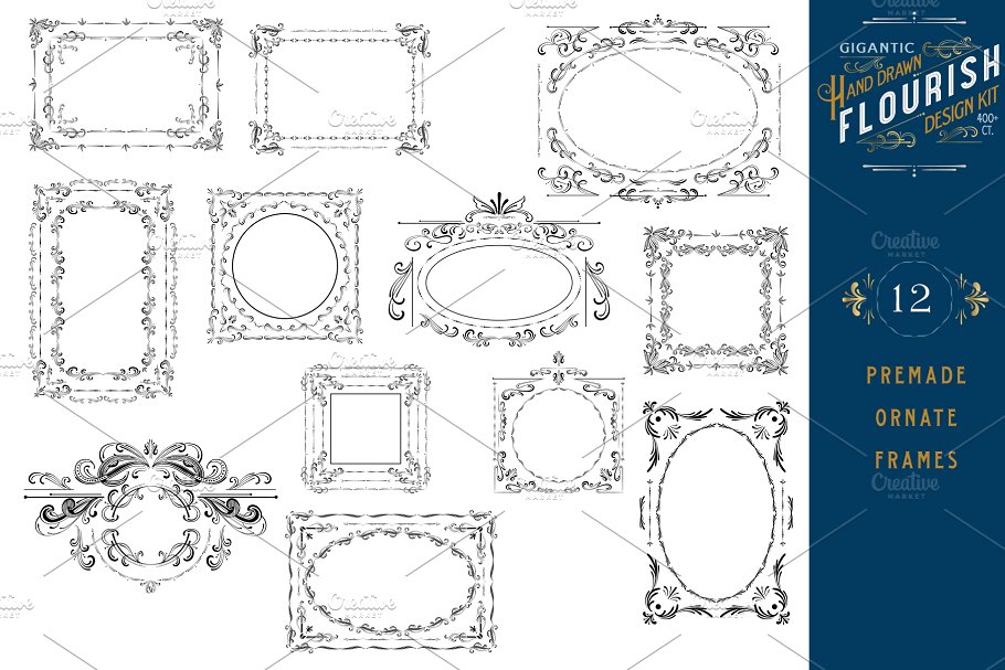 手绘花纹设计套件（400 +花卉设计元素） Hand Drawn Flourish Design Kit插图(5)