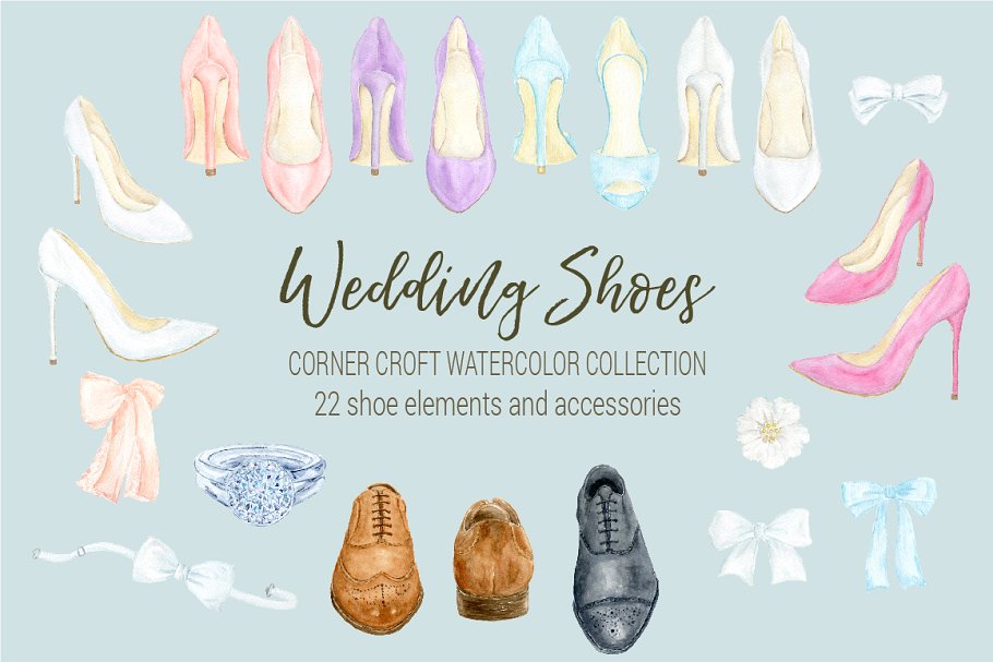手工绘制水彩鞋婚礼元素合集 Watercolor wedding shoes clipart插图2