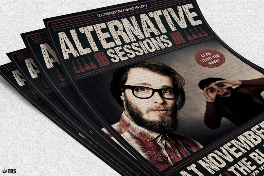 音乐吉他演奏会PSD传单模板 Alternative Sessions Flyer PSD插图(4)