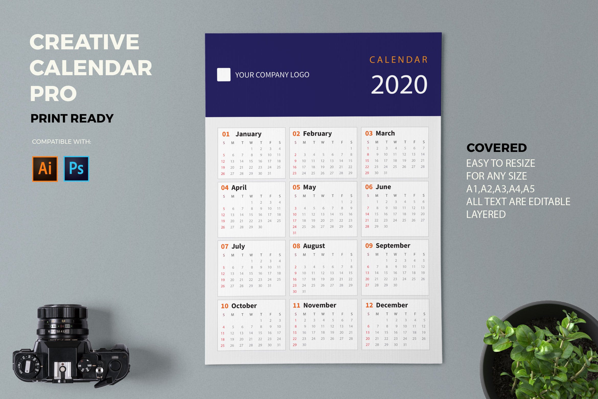 纯色设计2020日历表年历设计模板 Creative Calendar Pro 2020插图