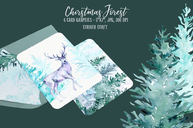 水彩圣诞森林插画合集 Watercolor Christmas Forest插图4