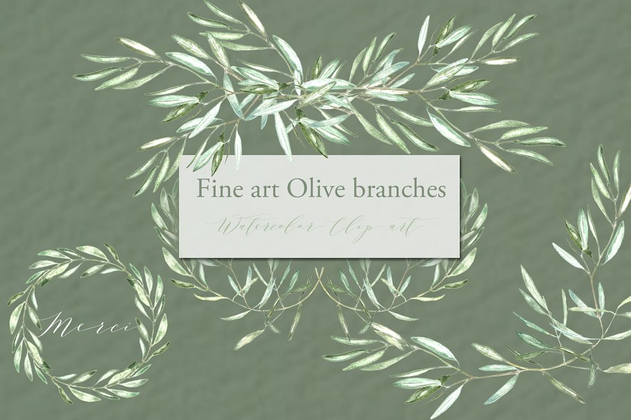 橄榄枝美术水彩剪贴画 Olive branches. Fine art Watercolor插图3