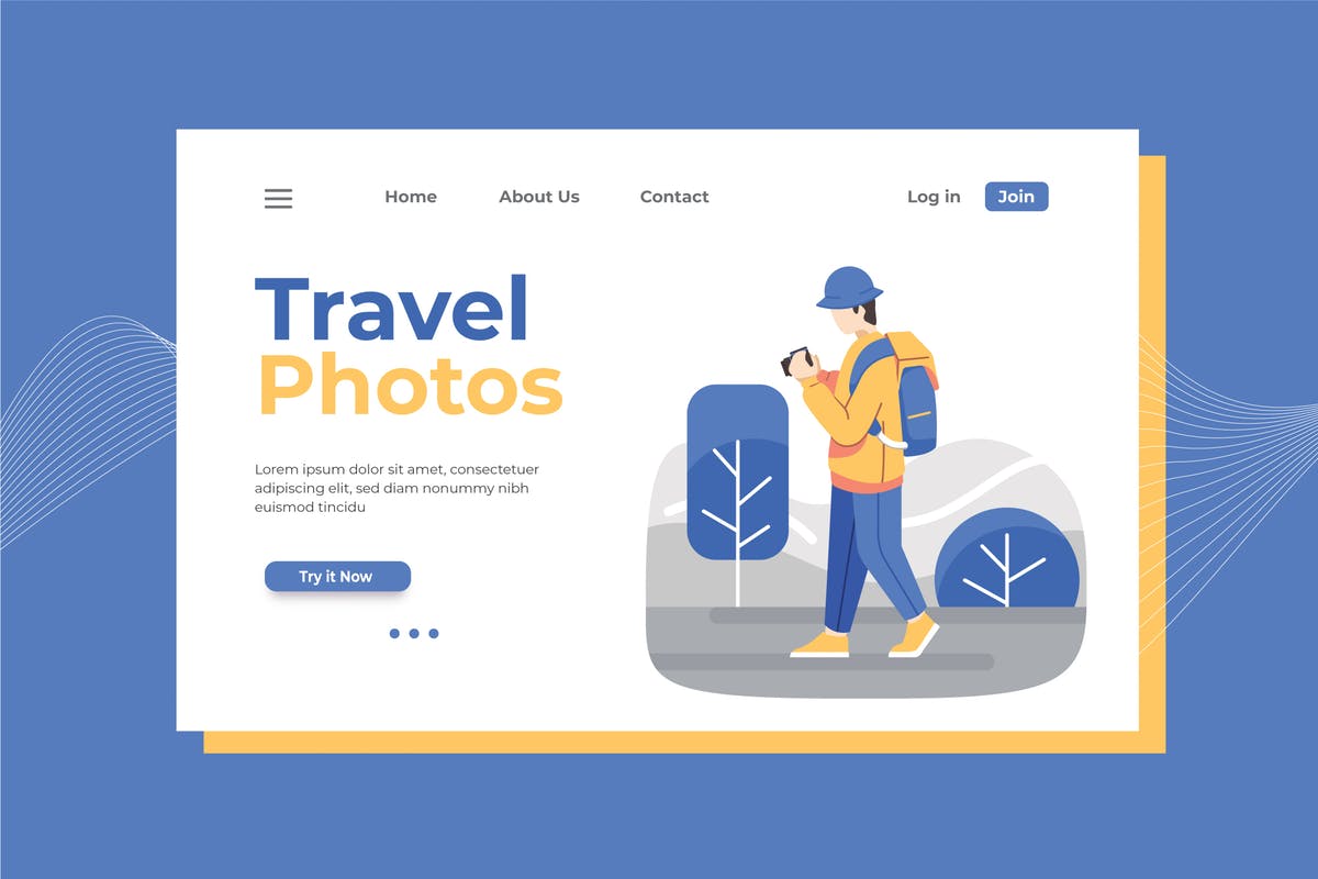 旅行摄影师矢量插画网站着陆页设计模板 Travel Photographer Landing Page Illustration插图