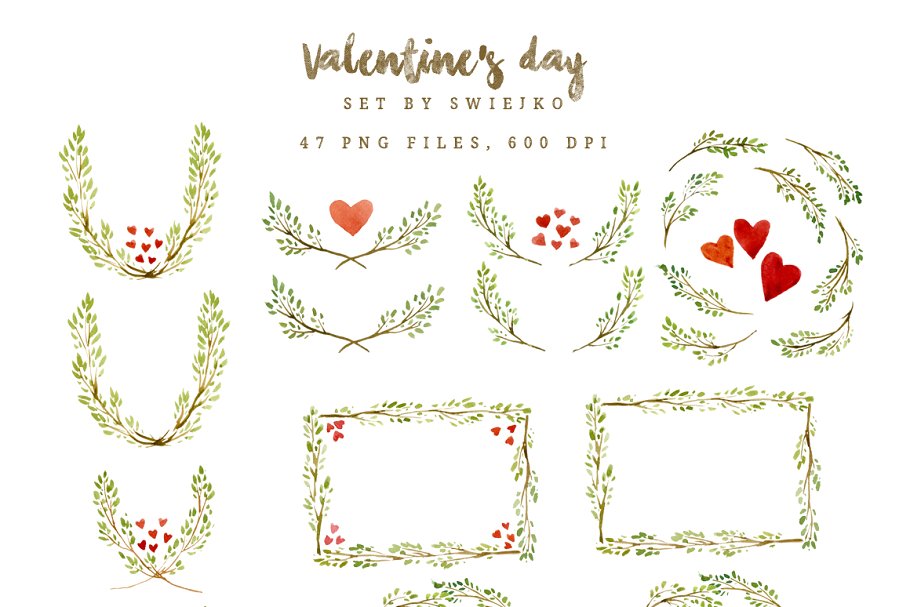情人节手绘水彩装饰边框剪贴画 Valentine’s day frames and borders插图1
