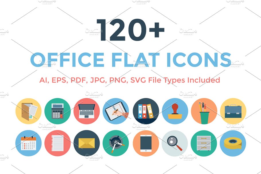 120+扁平化办公室办公用具图标 120+ Office Flat Icons插图