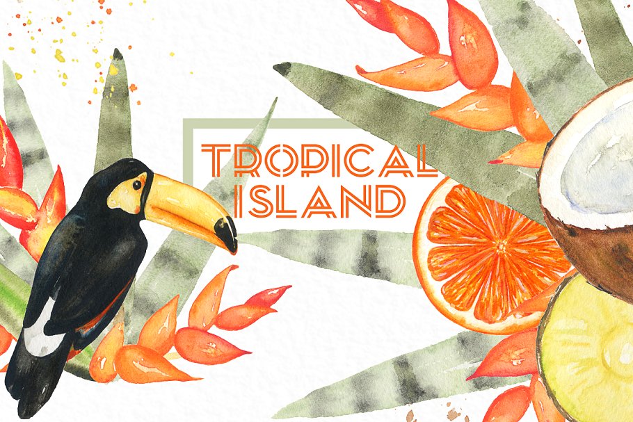 热带岛屿水彩剪贴画 Tropical islands. watercolor clipart插图(4)
