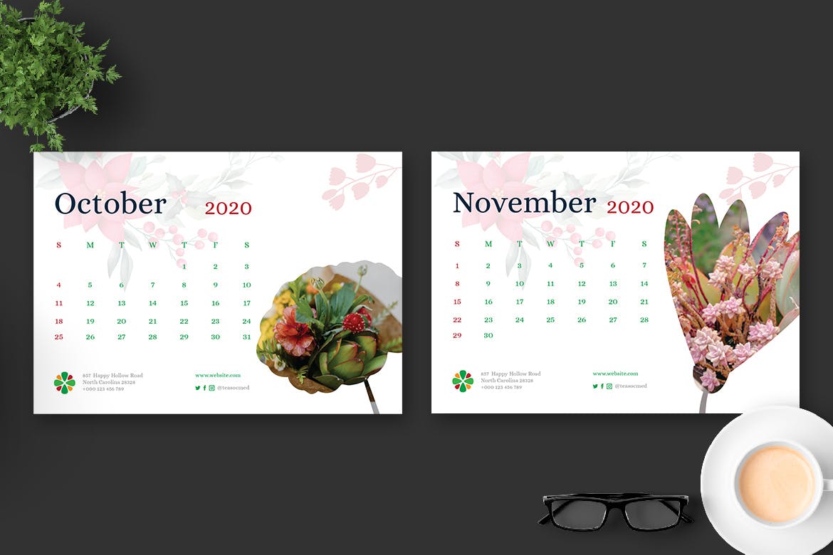 2020年花卉主题翻页台历设计模板 2020 Clean Florist Calendar Pro插图(6)