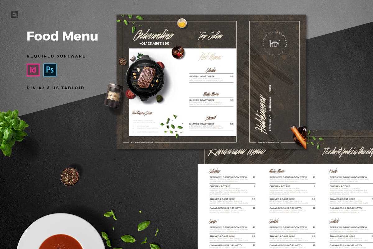 三折页西餐厅菜单设计模板 Trifold Restaurant Menu插图