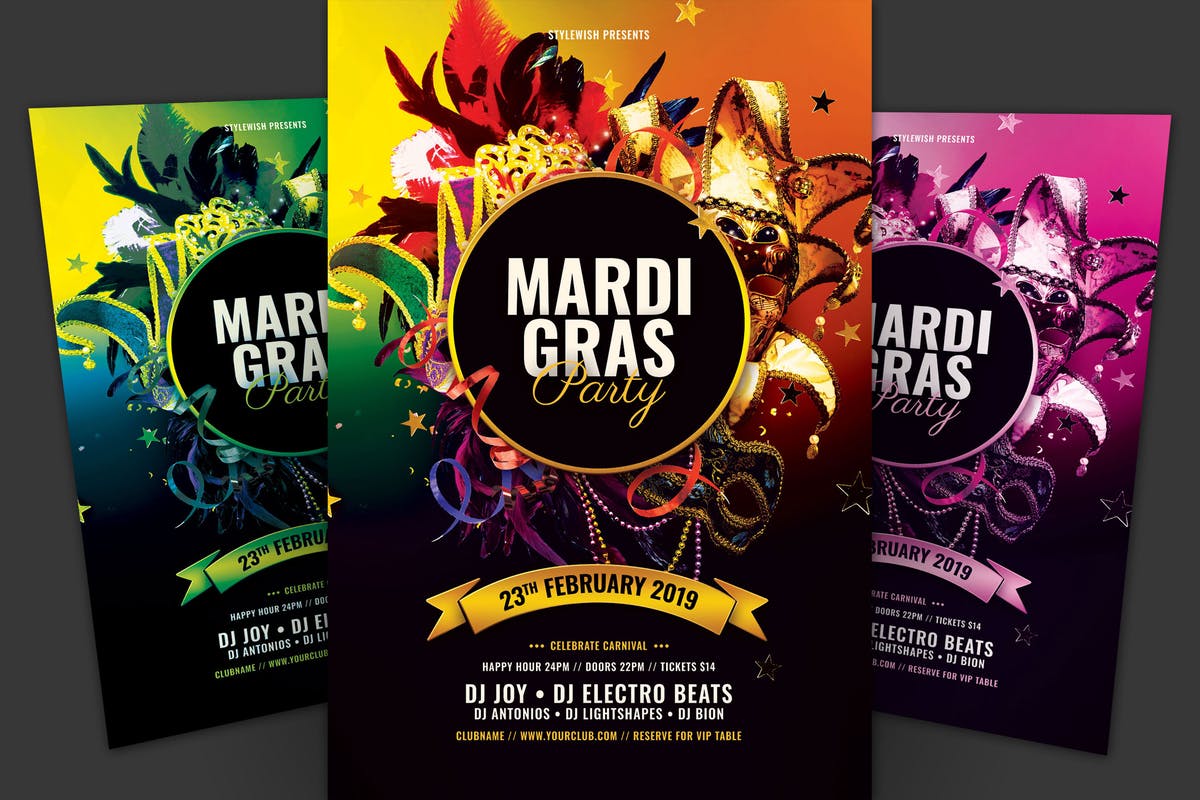 狂欢节蒙面舞会派对传单PSD模板 Mardi Gras Party Flyer插图